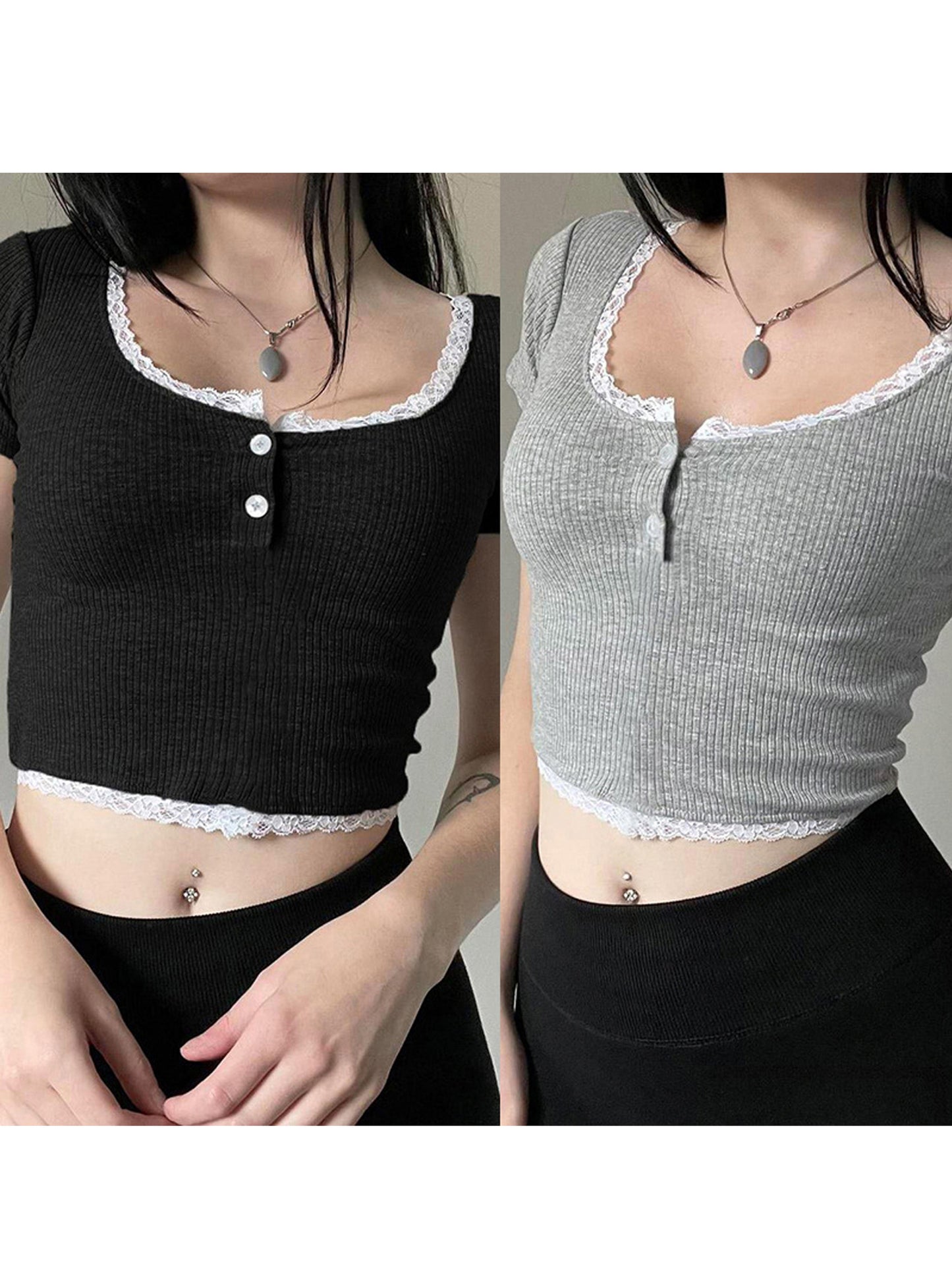 Women's Lace Trim Crop Tops Short Sleeve Button Front T-Shirts