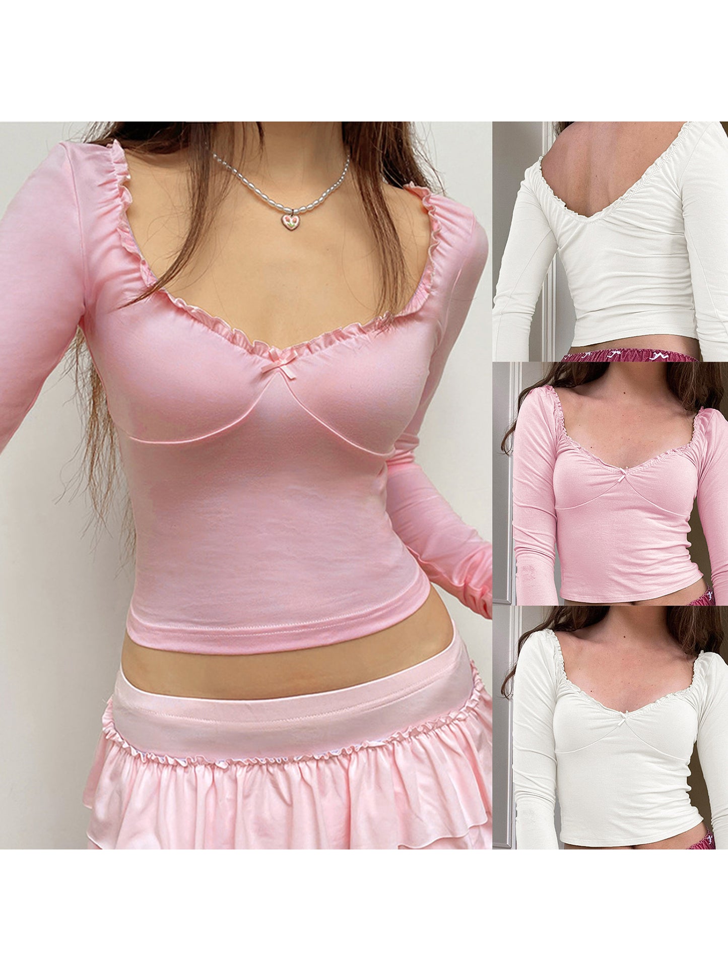 Women T-shirt, Long Sleeve Low-cut Backless Bow Crop Top Clubwear