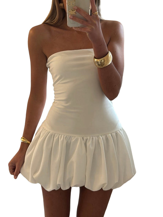 Women Strapless Mini Dress Summer Solid Color Puff Bubble Party Dress