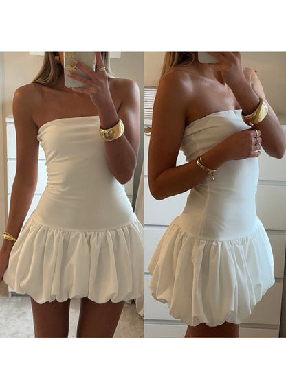 Women Strapless Mini Dress Summer Solid Color Puff Bubble Party Dress