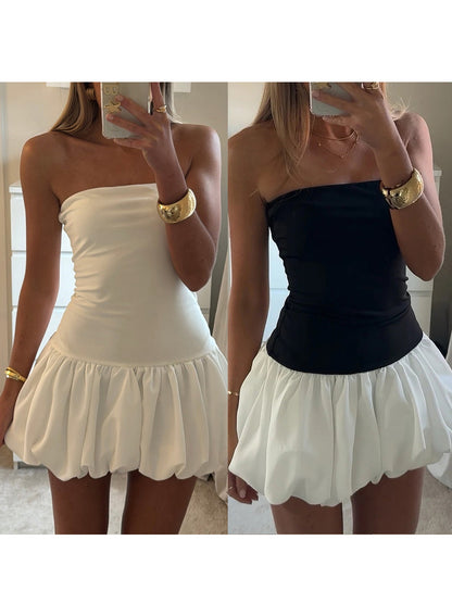 Women Strapless Mini Dress Summer Solid Color Puff Bubble Party Dress