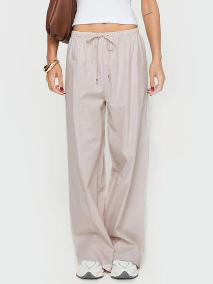 Women Loose Wide Leg Pants Stripe Print Elastic Drawstring Trousers