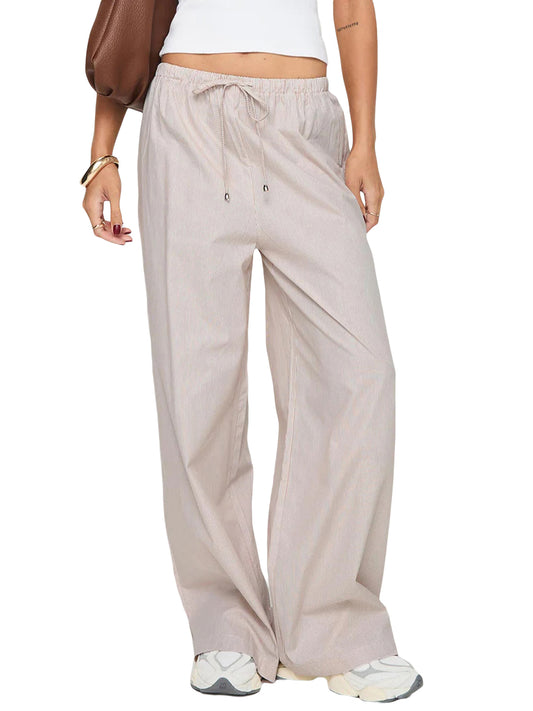 Women Loose Wide Leg Pants Stripe Print Elastic Drawstring Trousers