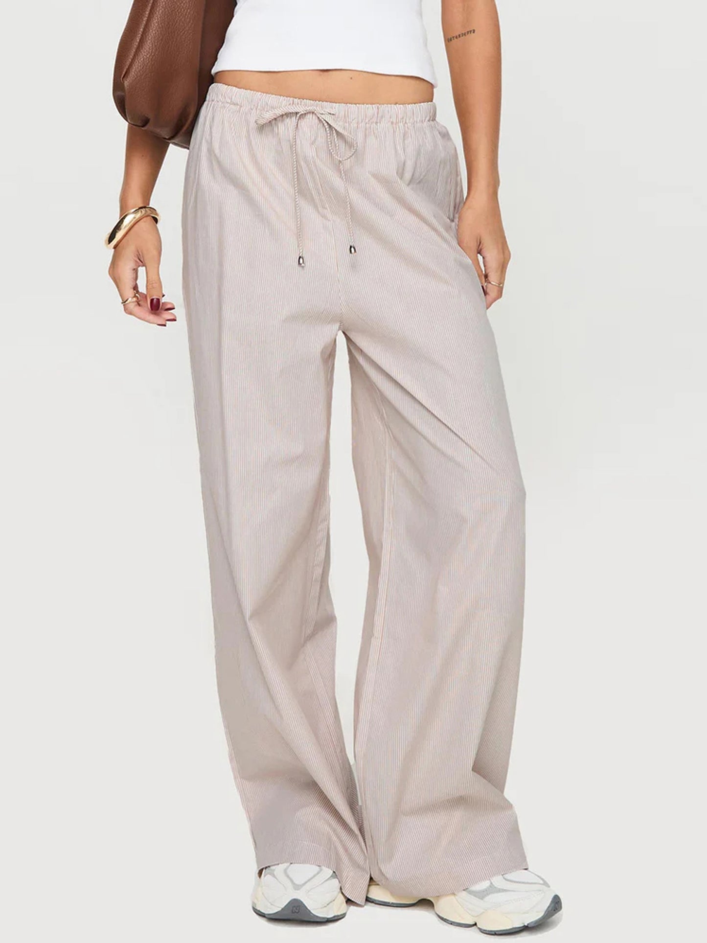 Women Loose Wide Leg Pants Stripe Print Elastic Drawstring Trousers