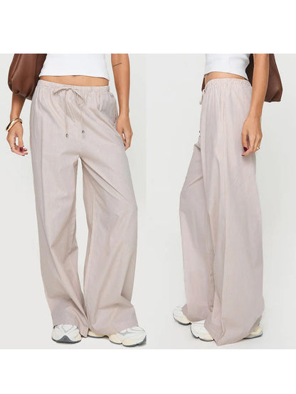 Women Loose Wide Leg Pants Stripe Print Elastic Drawstring Trousers