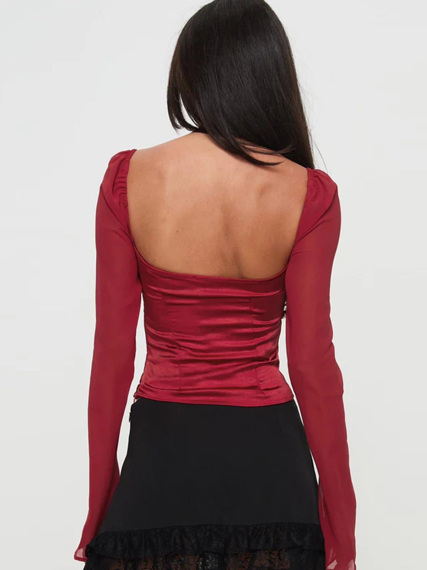 Women's Low Back Twisted Chest Crop Satin Long Sleeve Top