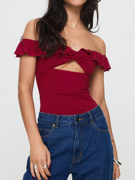 Women's Off Shoulder Solid Color Twist Cutout Front Cropped Top