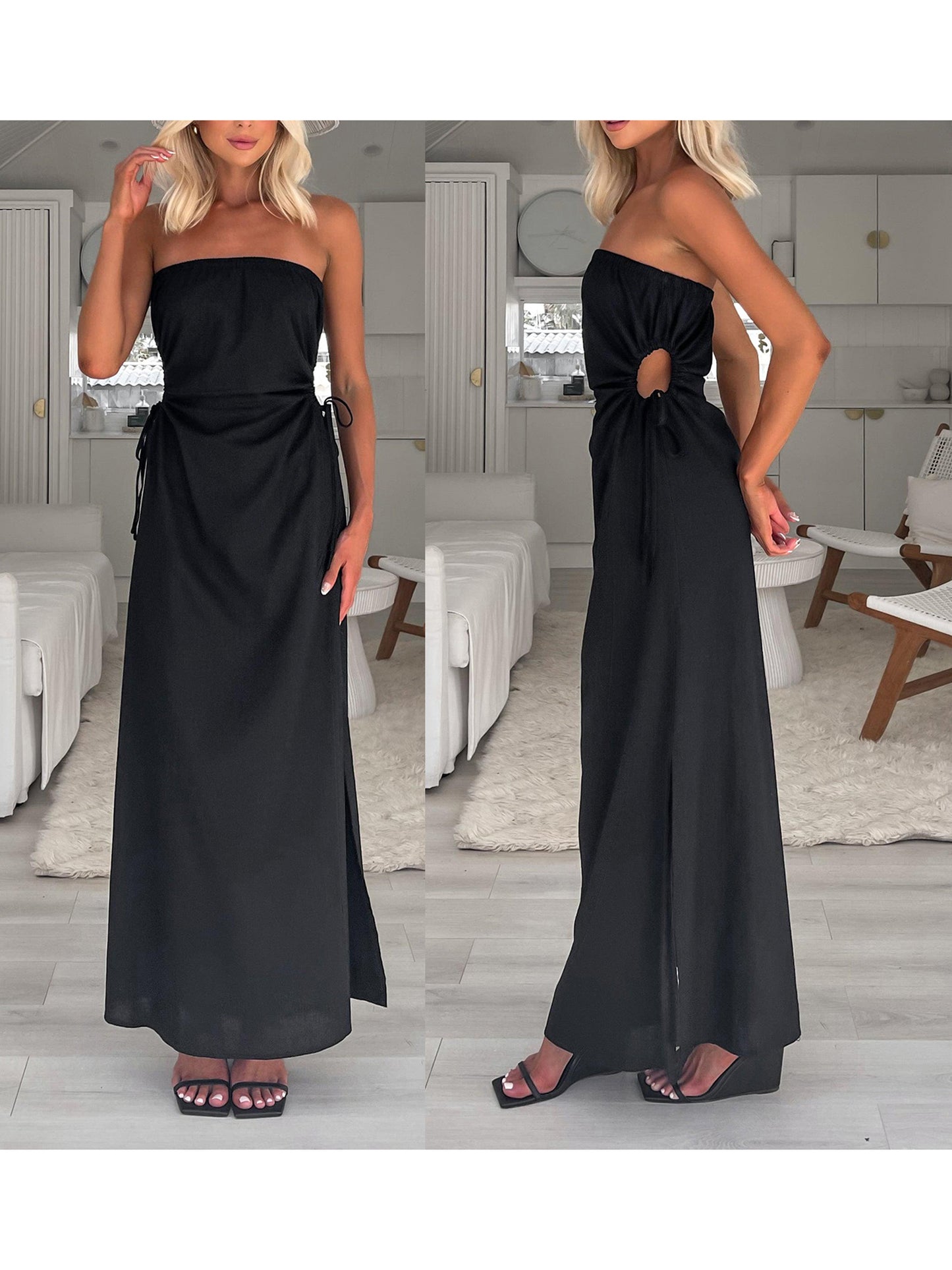 Women Tube Dress, Strapless Backless Hollowed Tie-up Slit Long Dress