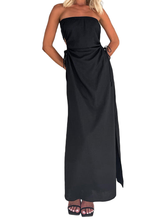 Women Tube Dress, Strapless Backless Hollowed Tie-up Slit Long Dress