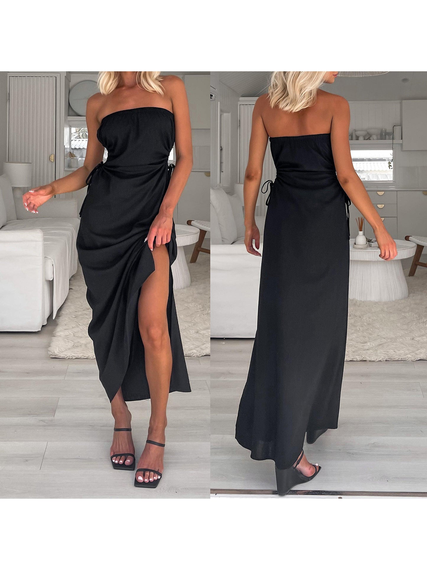 Women Tube Dress, Strapless Backless Hollowed Tie-up Slit Long Dress