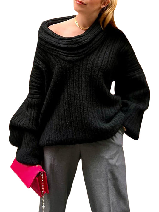 Women Knit Sweater Solid Color Long Sleeve Off Shoulder Pullovers