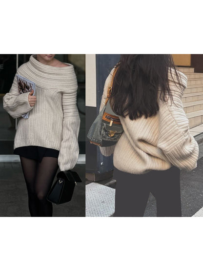 Women Knit Sweater Solid Color Long Sleeve Off Shoulder Pullovers