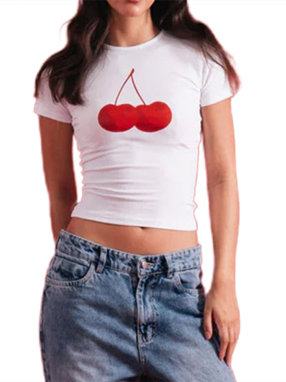 Women Short Tops Short Sleeve Wine Cup/Cherry/Bow Print Baby Tees