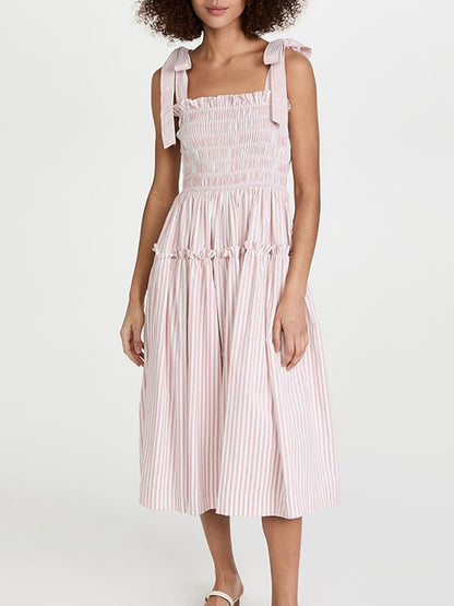 Women's Elegant Tie-up Pleated Striped Midi Slip Dress