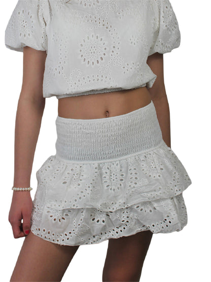 Womens Shirred Mini Skirt Pointelle High Waist Layered Ruffle Skirt