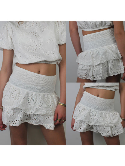 Womens Shirred Mini Skirt Pointelle High Waist Layered Ruffle Skirt