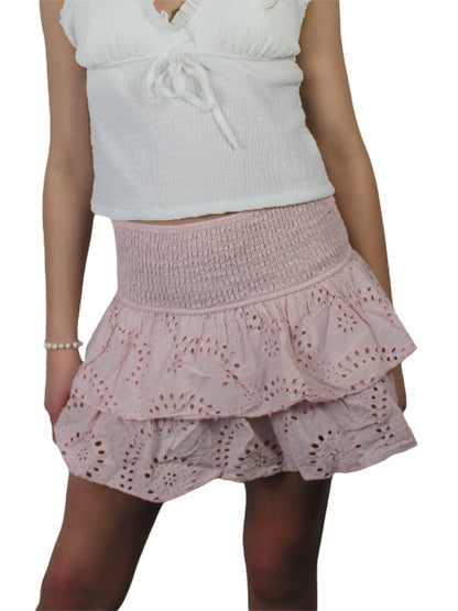 Womens Shirred Mini Skirt Pointelle High Waist Layered Ruffle Skirt