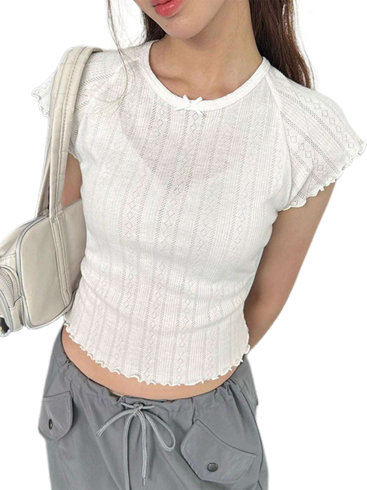 Women Knitted Lettuce Trim T-Shirts Bow Cap Sleeve Crop Tops