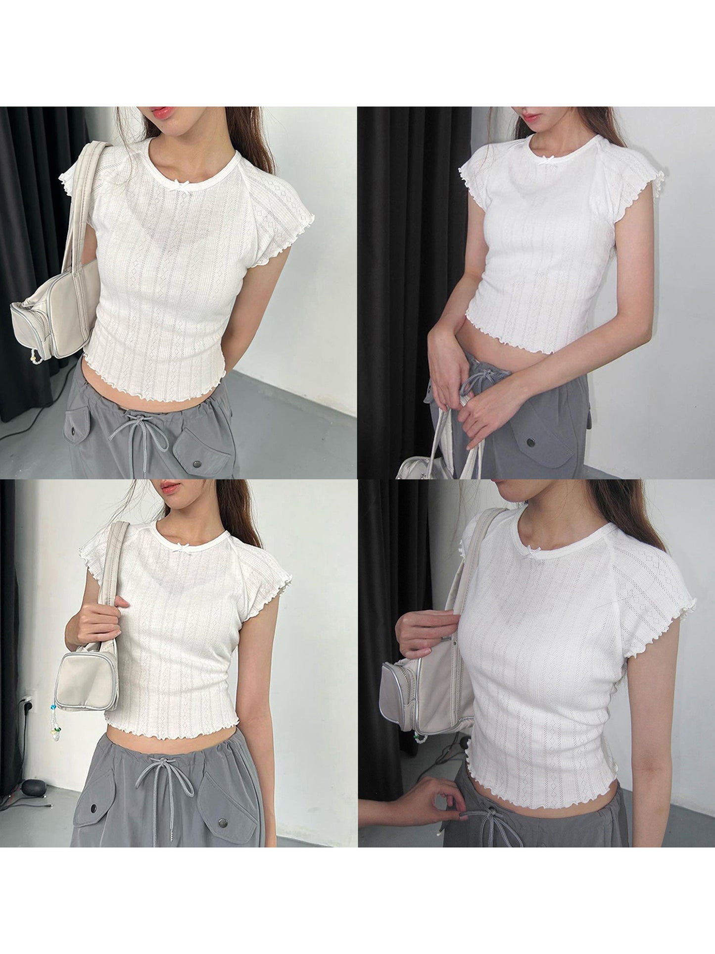 Women Knitted Lettuce Trim T-Shirts Bow Cap Sleeve Crop Tops