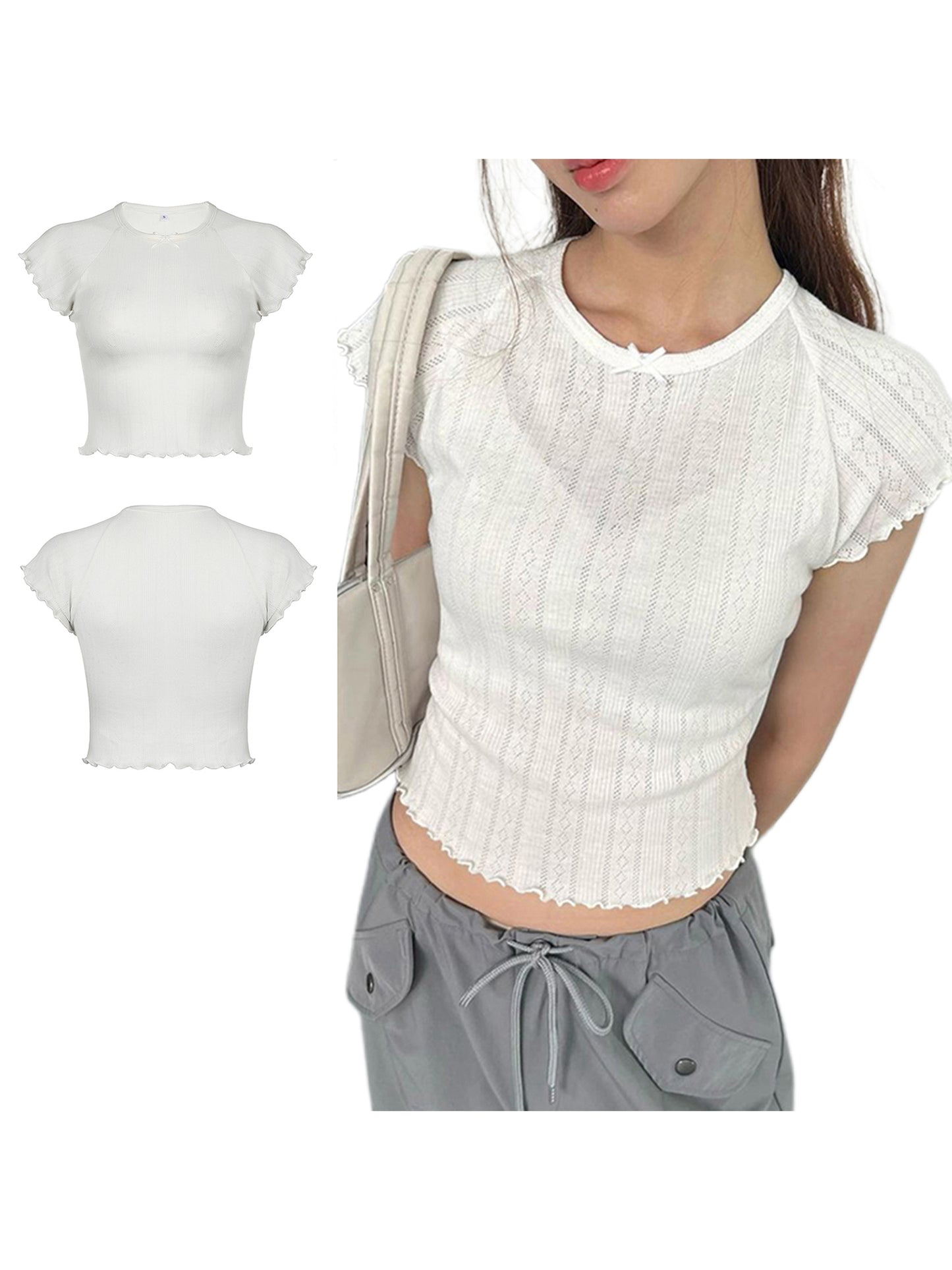 Women Knitted Lettuce Trim T-Shirts Bow Cap Sleeve Crop Tops