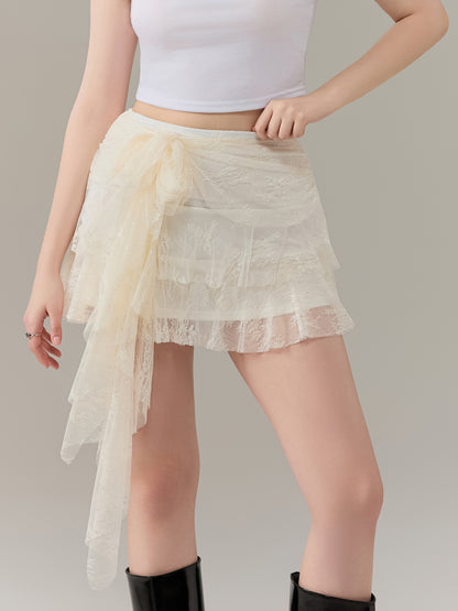 Women's Lace Casual Summer Tie Front Layered Ruffle Skirt