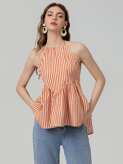 Women's sleeveless halter neck striped peplum tops