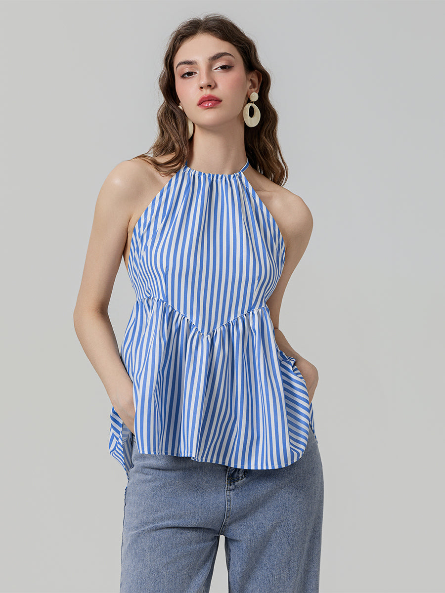 Women's sleeveless halter neck striped peplum tops