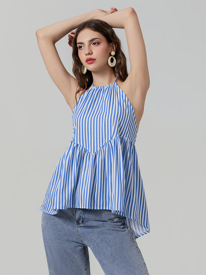 Women's sleeveless halter neck striped peplum tops