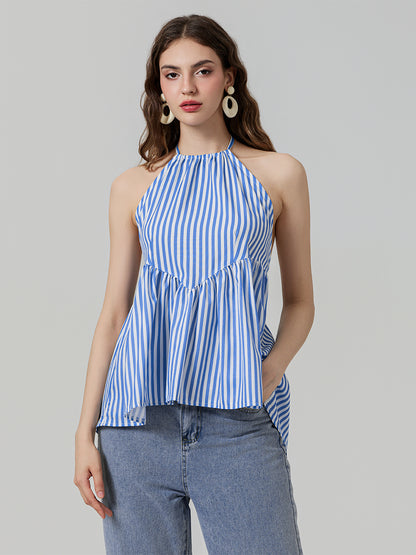 Women's sleeveless halter neck striped peplum tops