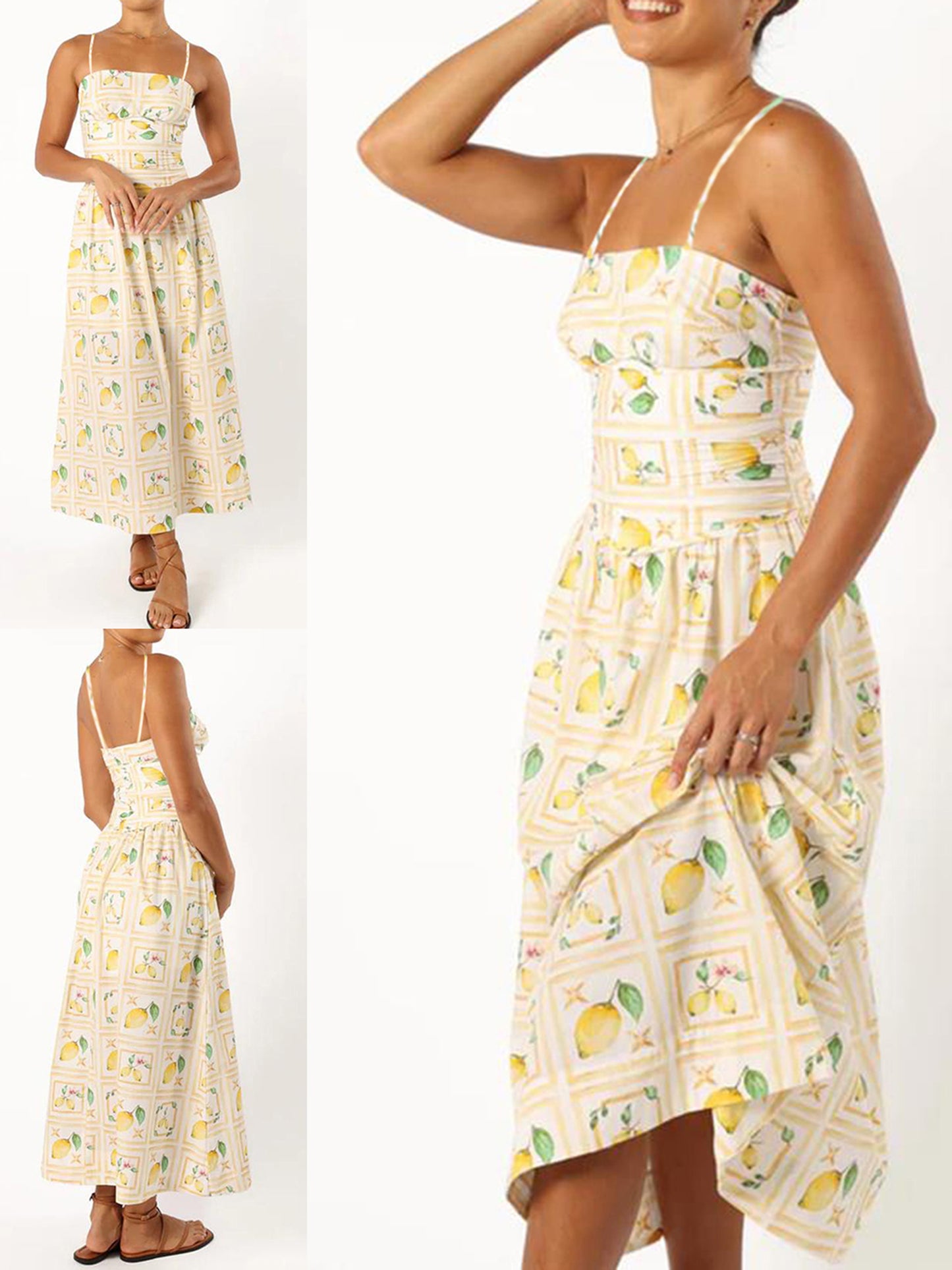 Women's Summer Long Dress Lemon Print Sleeveless Spaghetti Strap Dress