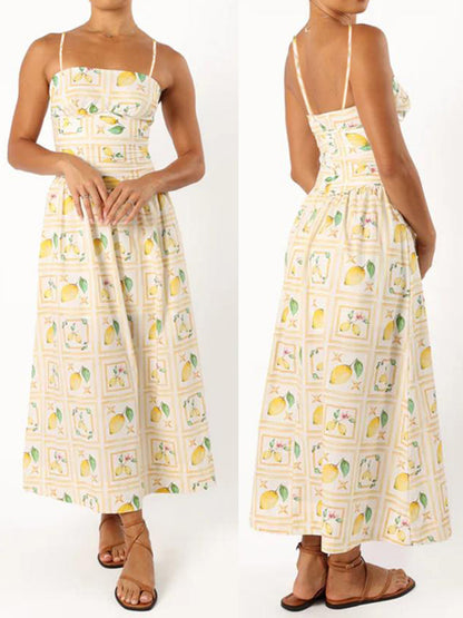 Women's Summer Long Dress Lemon Print Sleeveless Spaghetti Strap Dress