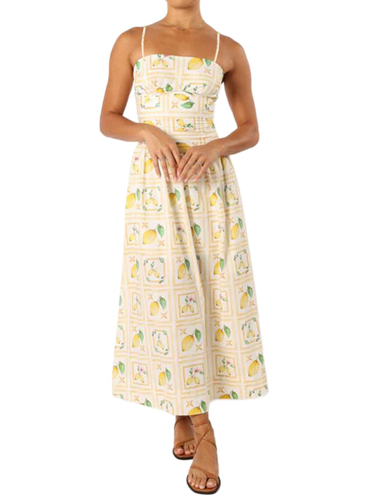 Women's Summer Long Dress Lemon Print Sleeveless Spaghetti Strap Dress