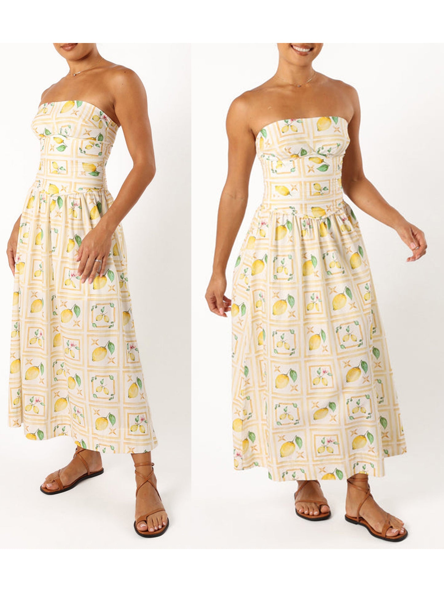 Women's Summer Long Dress Lemon Print Sleeveless Spaghetti Strap Dress