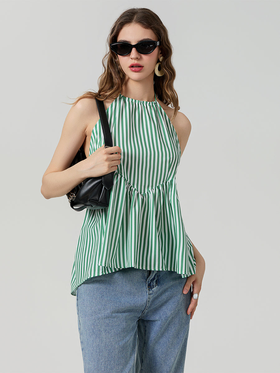 Women's sleeveless halter neck striped peplum tops