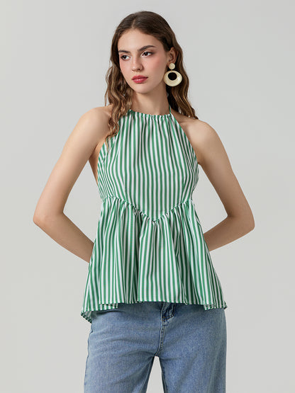 Women's sleeveless halter neck striped peplum tops