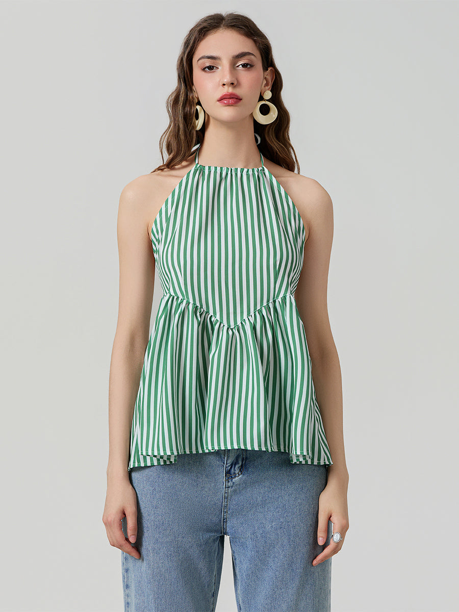 Women's sleeveless halter neck striped peplum tops