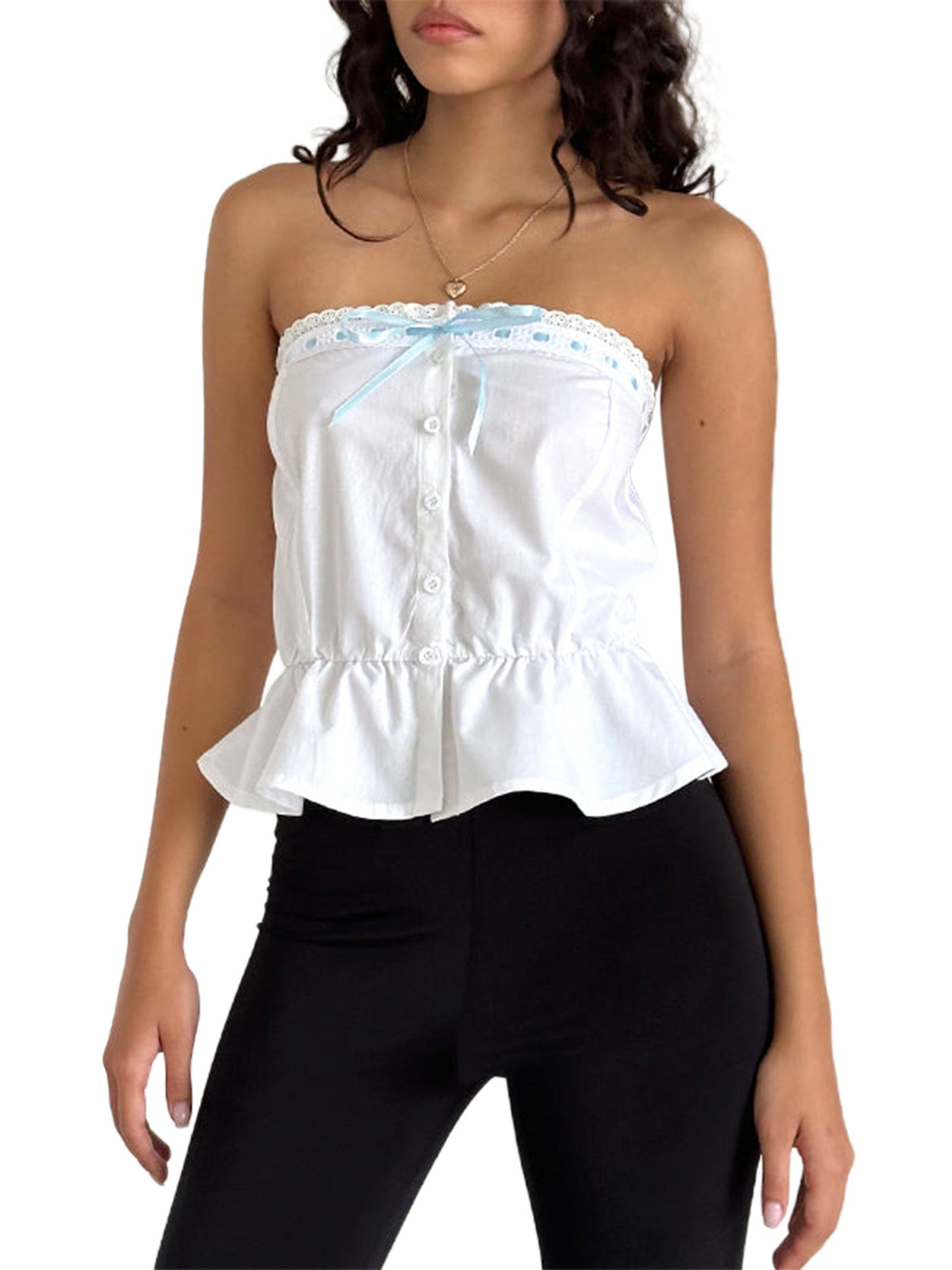 Women Tube Tops Lace Trim Tie-Up Buttons Strapless Tops Tank Tops