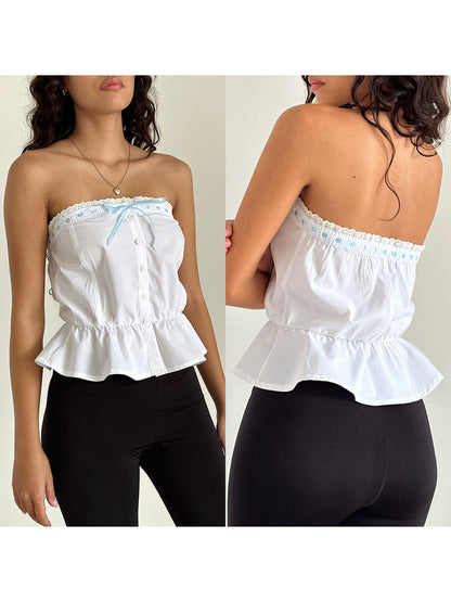 Women Tube Tops Lace Trim Tie-Up Buttons Strapless Tops Tank Tops