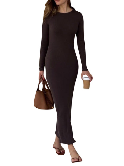 Women Knit Dress, Long Sleeve Crew Neck Ribbed Fall Long Dress