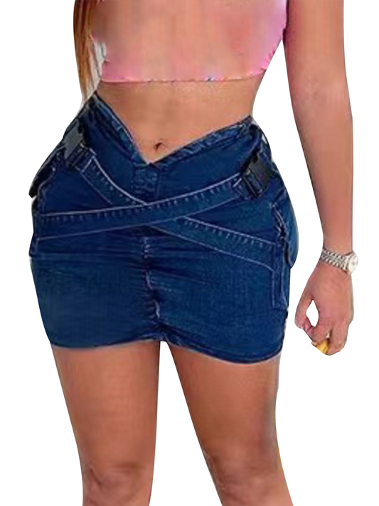 Women Cargo Denim Skirt Summer Cross Straps Ruched Jeans Mini Skirt