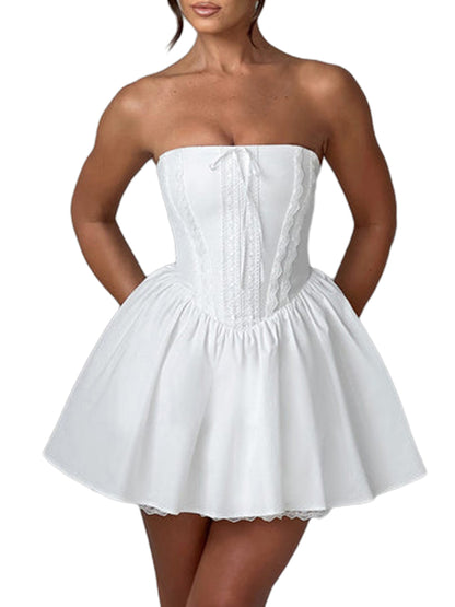 Women's Corset Mini Dress Strapless Lace Trim Tube Top Dress