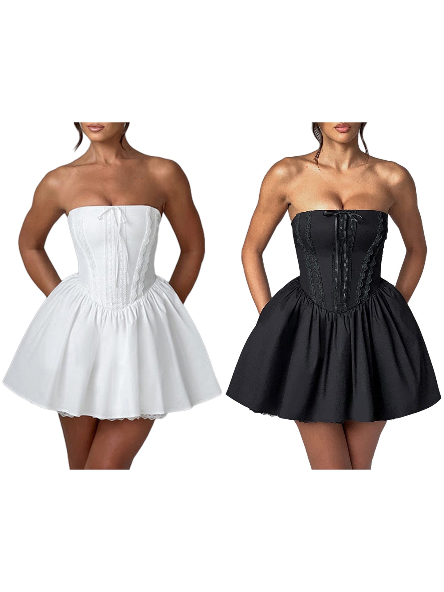 Women's Corset Mini Dress Strapless Lace Trim Tube Top Dress