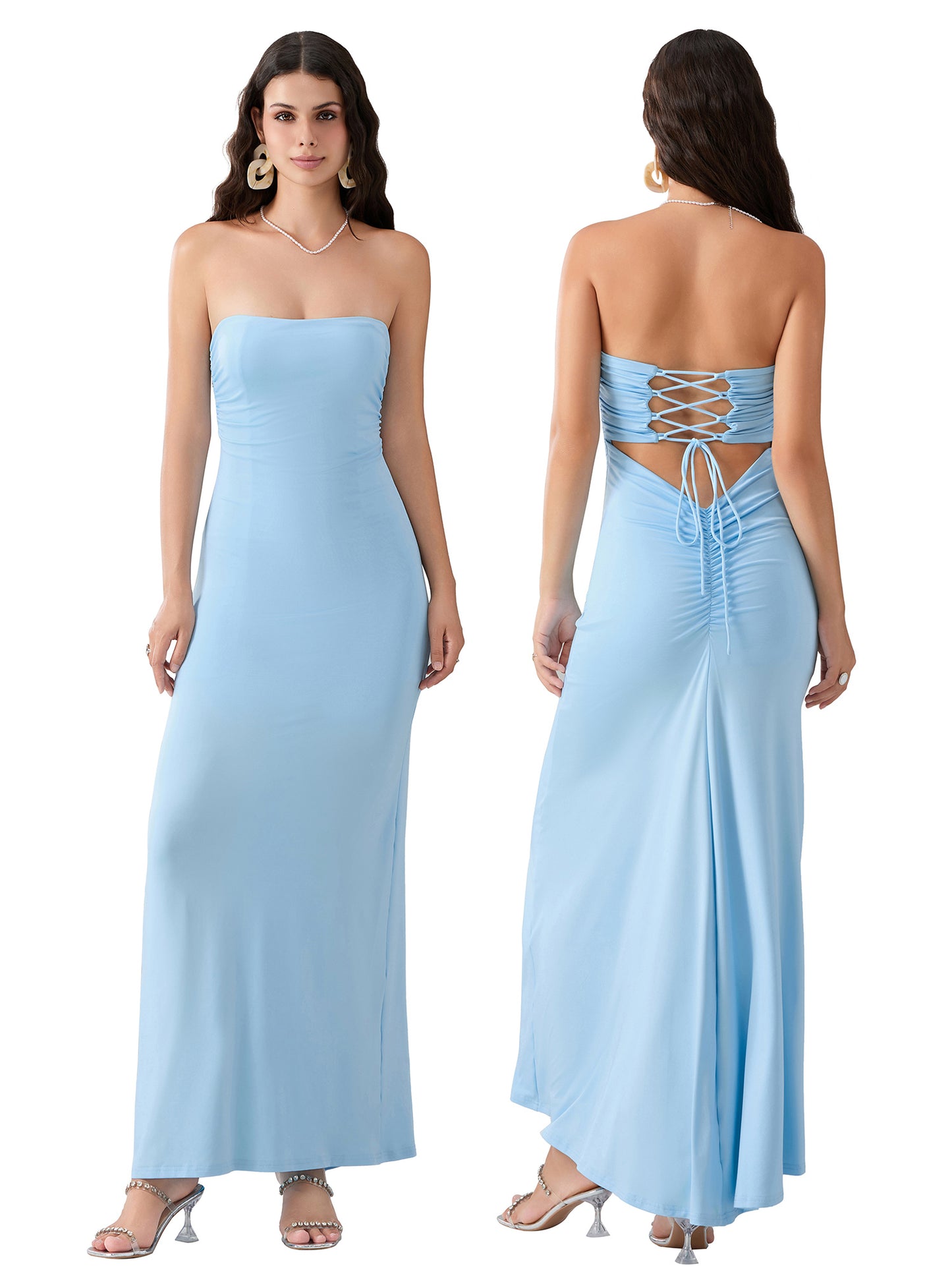 Women Tube Top Dress Ruched Off Shoulder Sleeveless Back Cross Dress