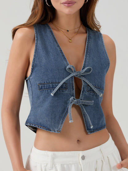 Women denim tank tops deep v neck tie-up sleeveless vest