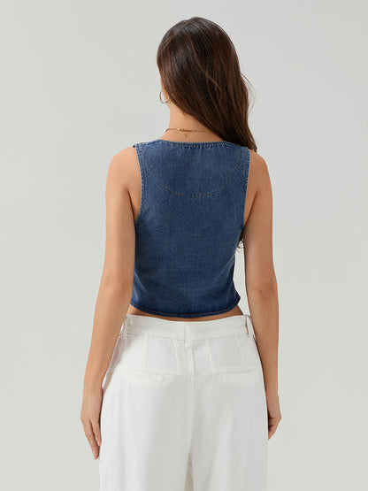 Women denim tank tops deep v neck tie-up sleeveless vest