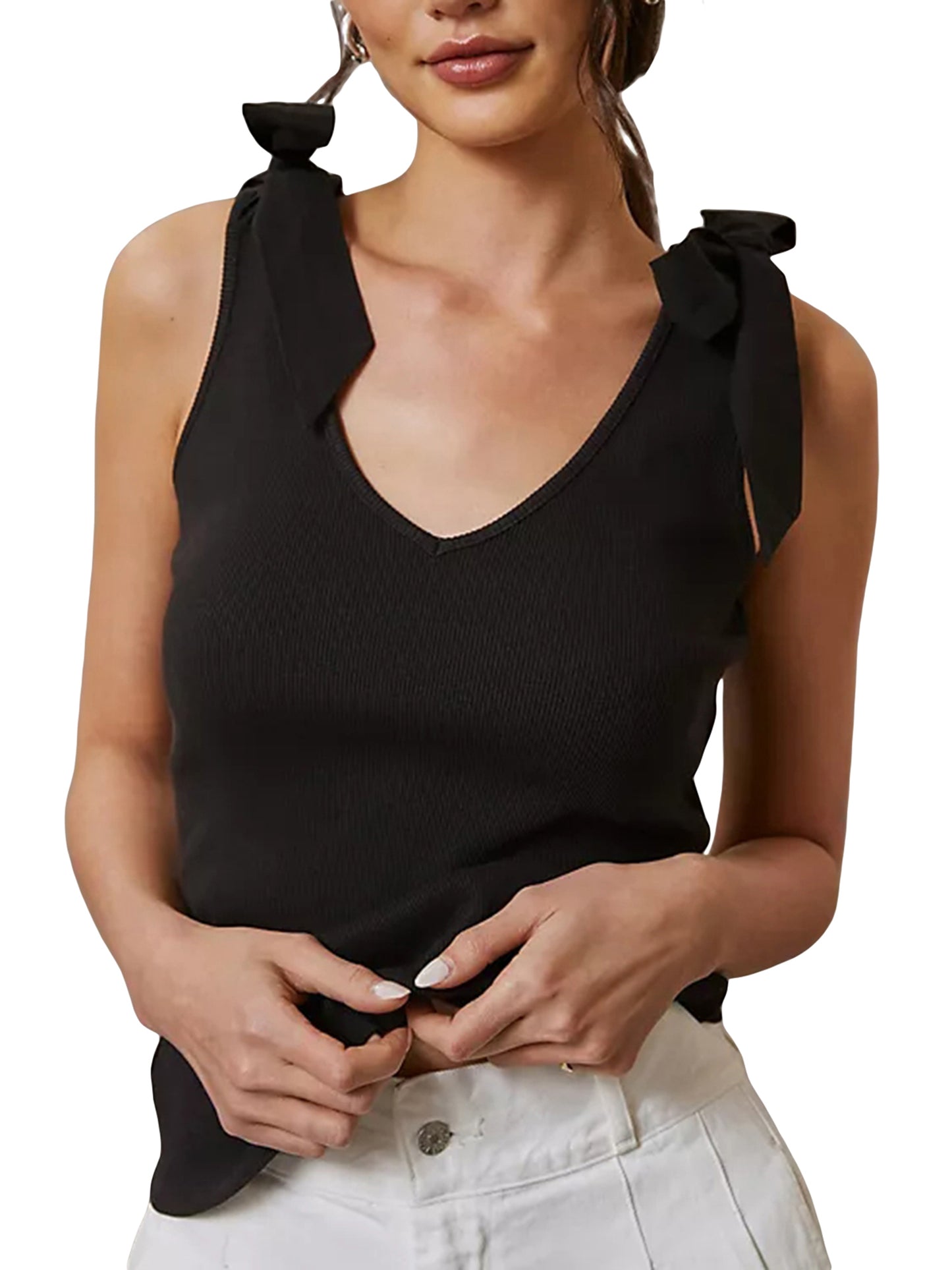 Women V Neck Tank Tops Sleeveless Solid Color Open Back Bow Tie Vest