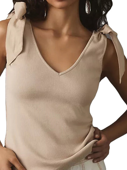 Women V Neck Tank Tops Sleeveless Solid Color Open Back Bow Tie Vest