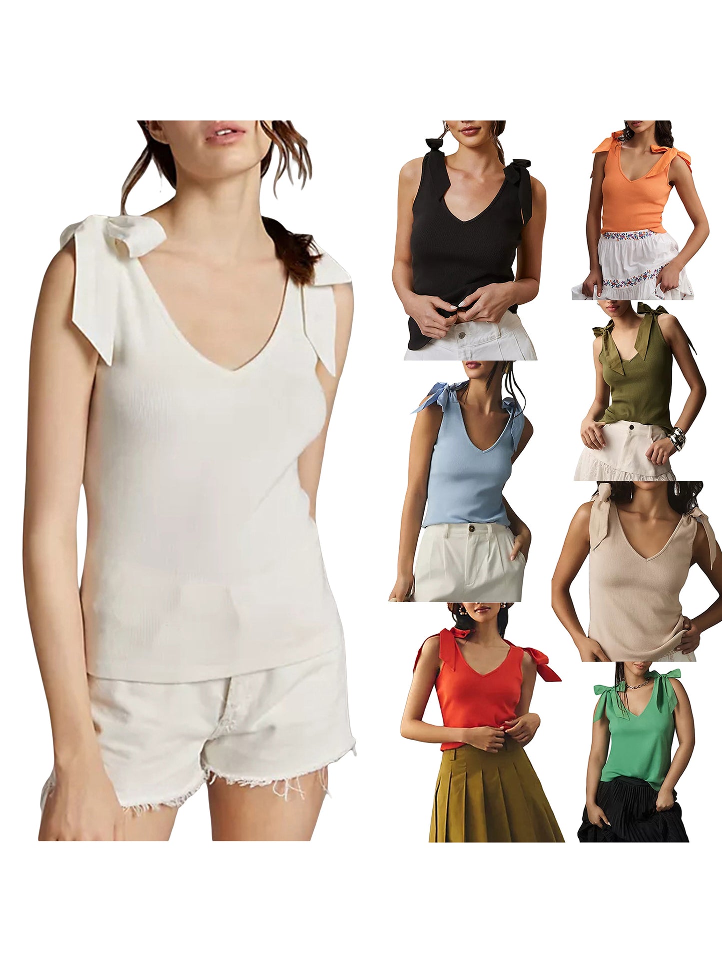 Women V Neck Tank Tops Sleeveless Solid Color Open Back Bow Tie Vest