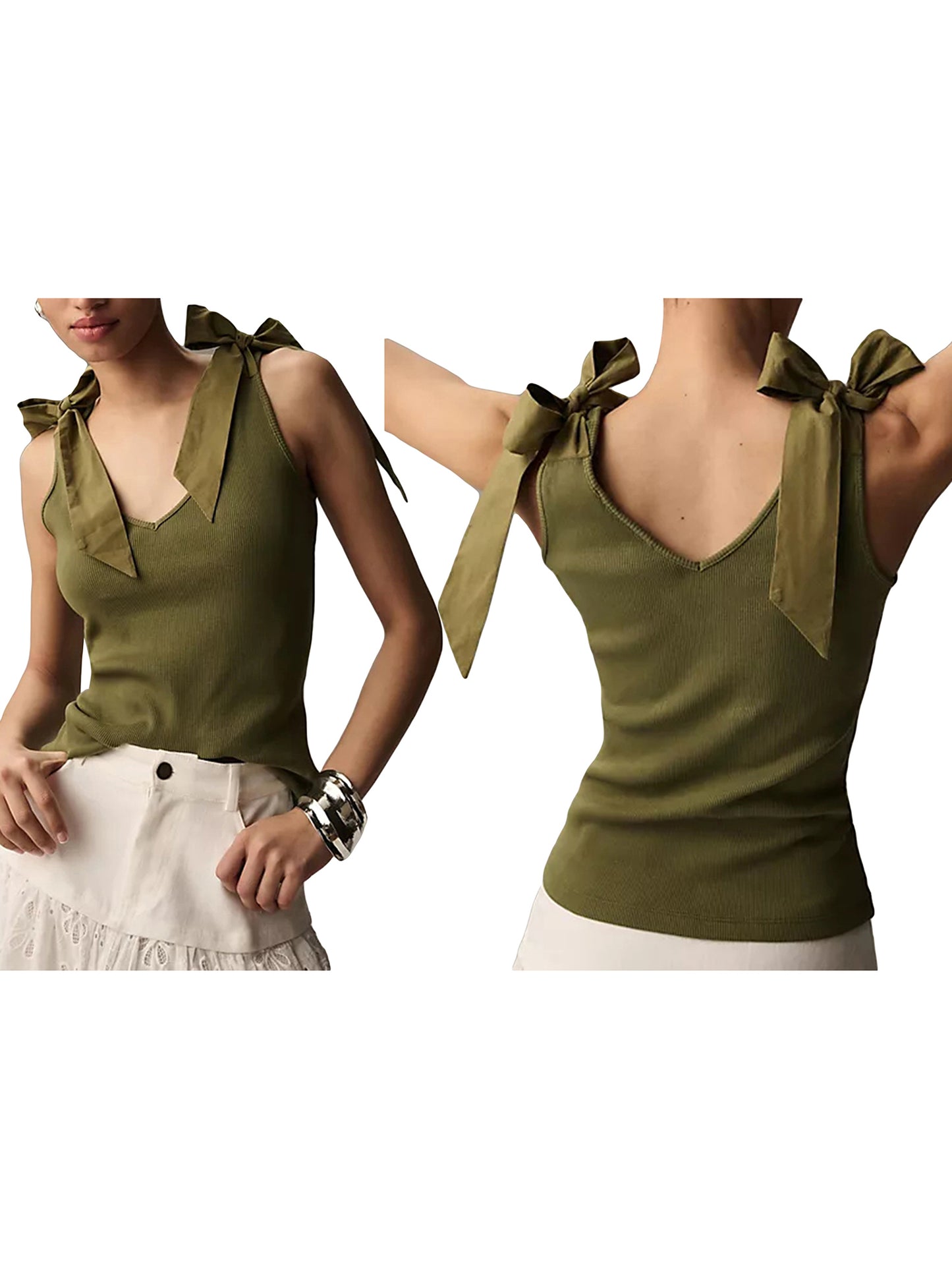 Women V Neck Tank Tops Sleeveless Solid Color Open Back Bow Tie Vest