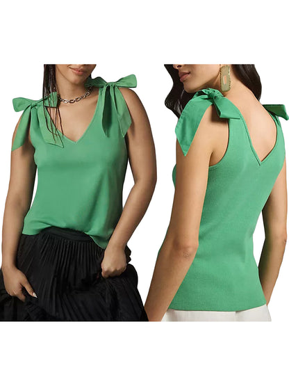 Women V Neck Tank Tops Sleeveless Solid Color Open Back Bow Tie Vest